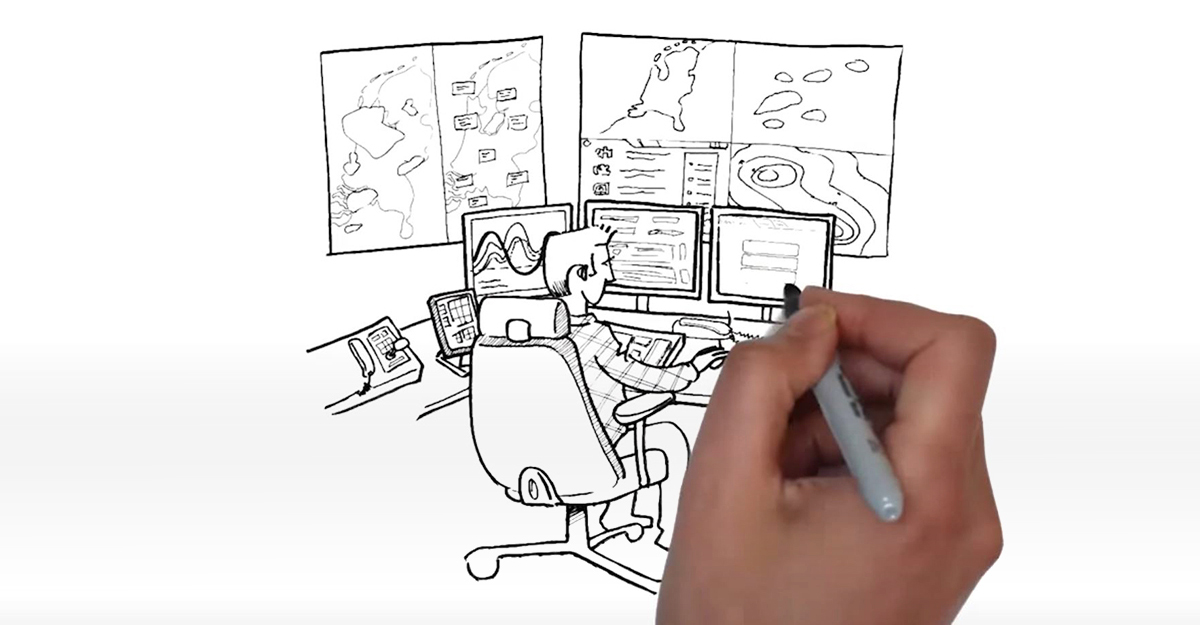 illustratie watermanagement centrum met operator achter schermen.