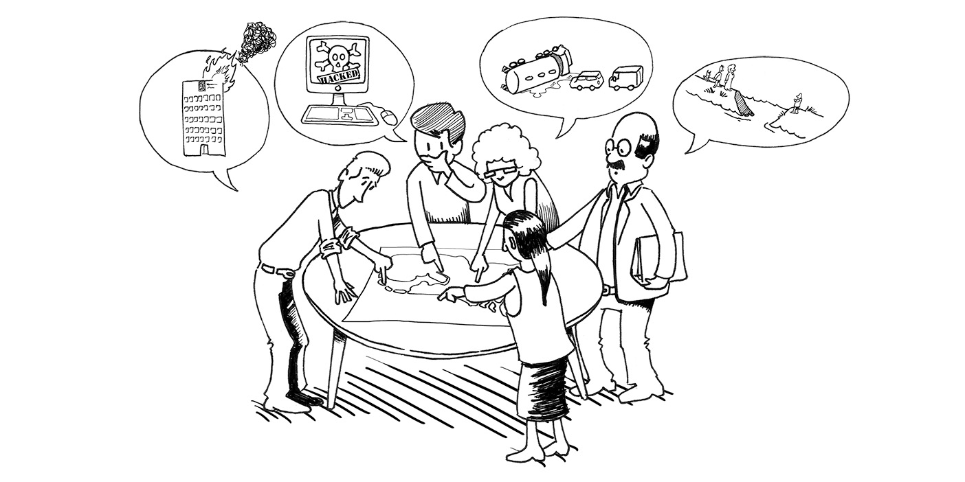 illustratie uit animatie crisismanagement, overleg tussen verschillende afdelingen.